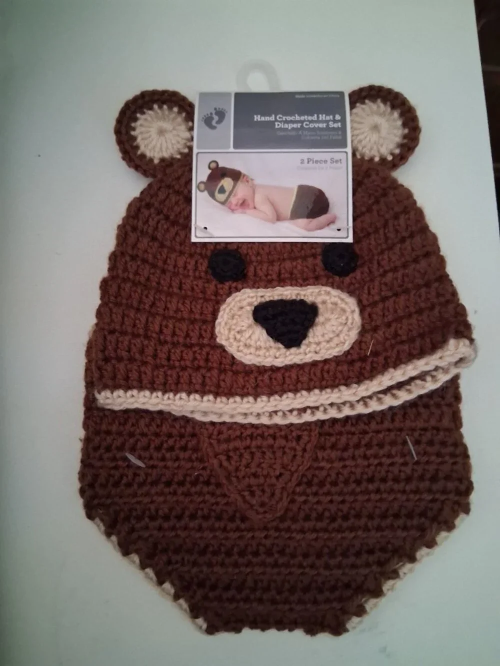 NWT Hand Crocheted Newborn Photo Shoot Bear Costume Hat & Diaper Cover